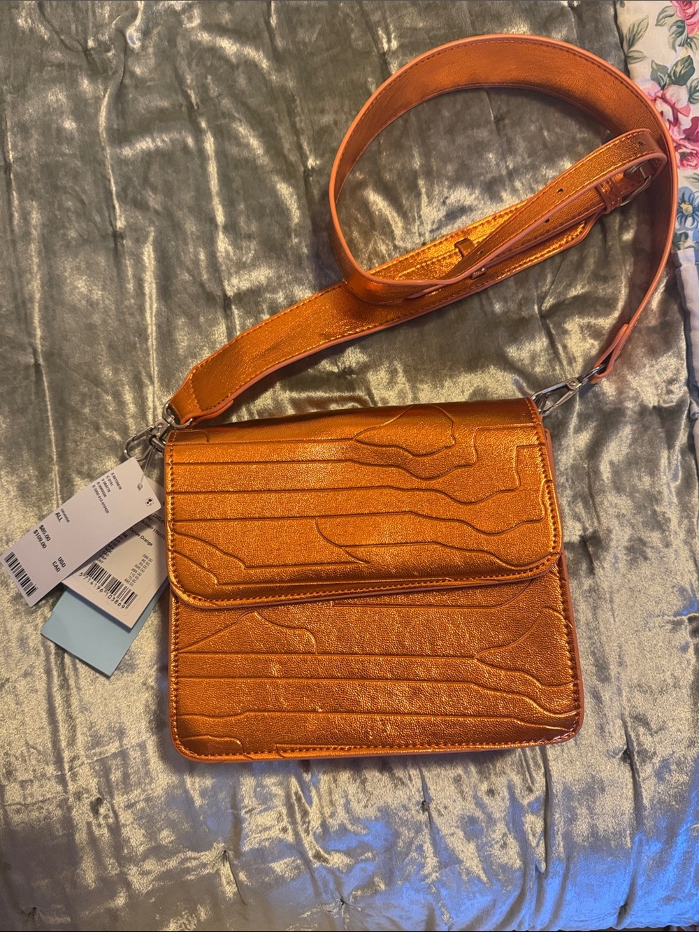 Urban Oufitters Metallic Orange Textured Crossbody Bag with Adjustable Strap